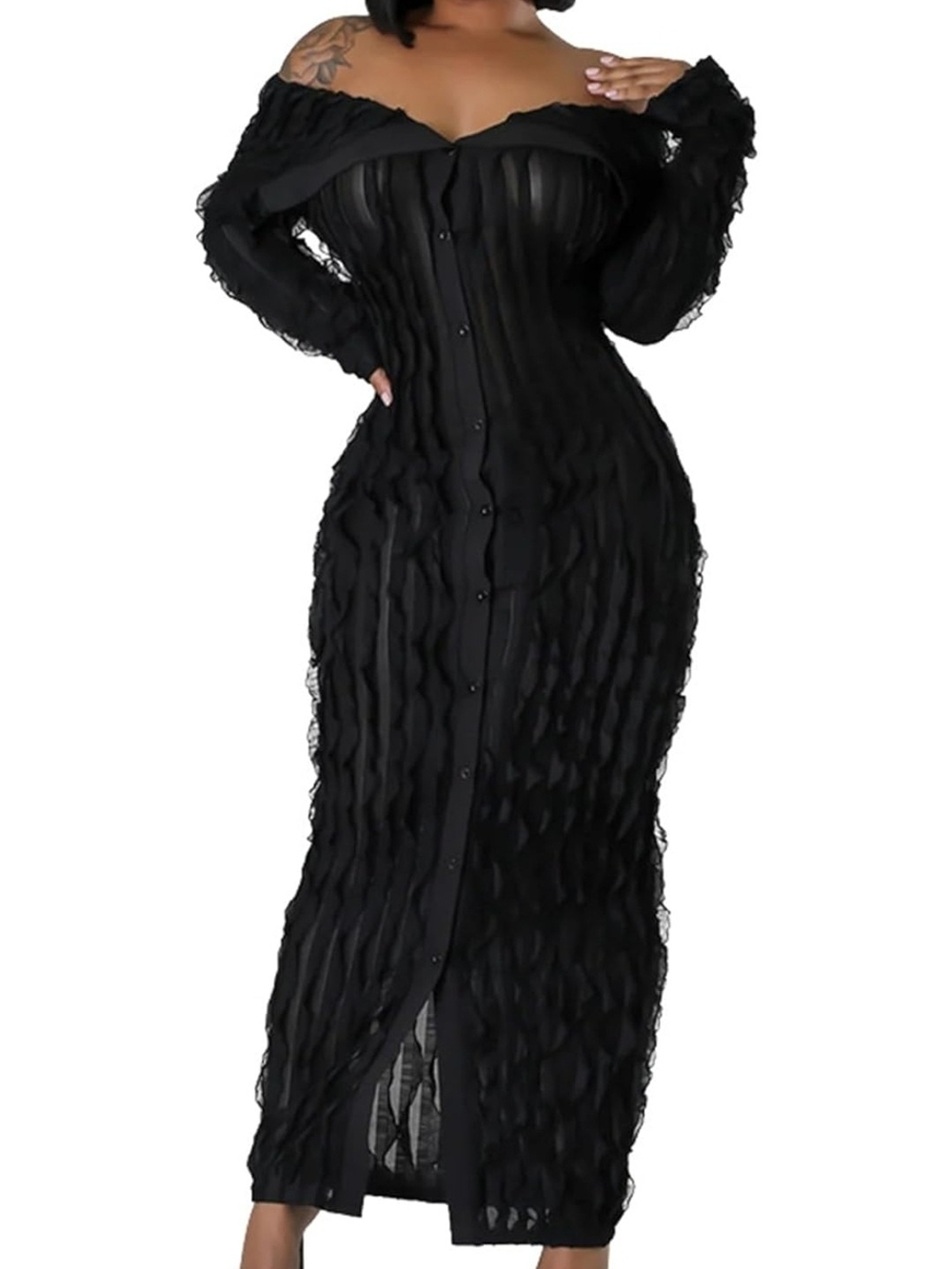 Amazon Black Off-Shoulder Midi Dress with Textured Sheer Paneling